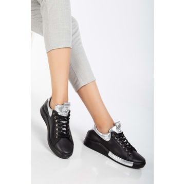 Analin Shoes 2644 Siyah-Gümüş Hakiki Deri Bağcıklı Kadın Spor Ayakkabı