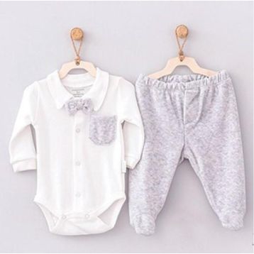 Andywawa AC8106 Gri Melanj 6-9 Ay Penguin Boys 2'li Bebek Takımı