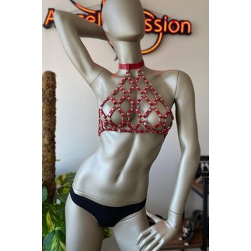 Angels Passion Göğüs Üzeri Baklava Dilim Detaylı Kırmızı Deri Harness