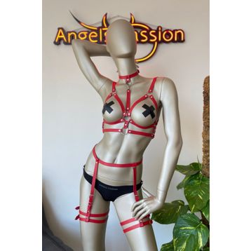 Angels Passion Kırmızı Deri Göğüs Üzeri Harness ve Jartiyer Harness