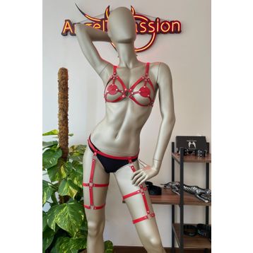 Angels Passion Kırmızı Deri Jartiyer Harness Sütyen Takım