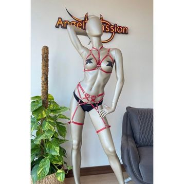 Angels Passion Kırmızı Deri Jartiyer ve Büstiyer Takım