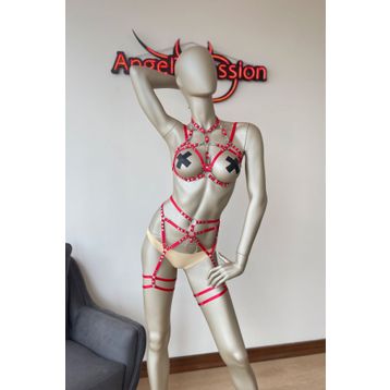 Angels Passion Kırmızı Seksi Elastik Jartiyer Harness Takım