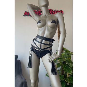 Angels Passion Püskül Detaylı Siyah Deri Fantazi Külot Harness