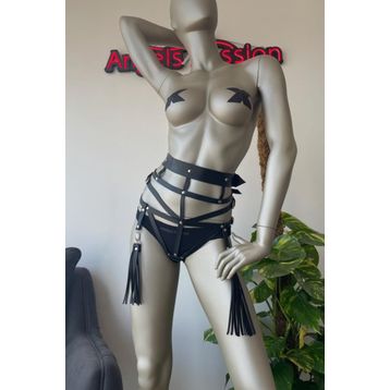 Angels Passion Püskül Detaylı Siyah Deri Fantazi Külot Harness