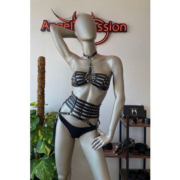 Angels Passion Püskül Detaylı Siyah Deri Korse Sütyen Harness Takım