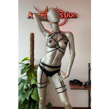 Angels Passion Siyah Deri Erotik Giyim Jartiyer Harness Takım