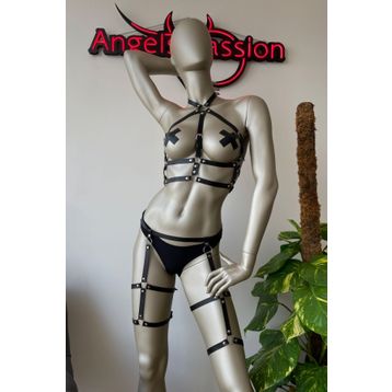 Angels Passion Siyah Deri Jartiyer Harness Fantezi İç Giyim Takım