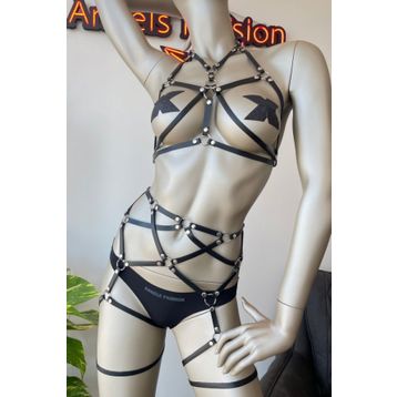 Angels Passion Siyah Deri Jartiyer ve Büstiyer Harness