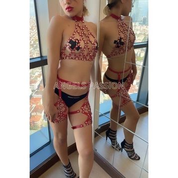 Angels Passion Tarz ve Şık Kırmızı Deri Fantazi Jartiyer Harness