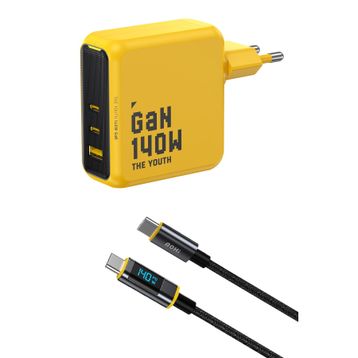 Aohi Youth 140W 3 Portlu Şarj Adaptörü + 140W Led Ekranlı Naylon Örgülü Süper Hızlı Şarj ve Data Kablosu Seti