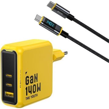 Aohi Youth 140W 3 Portlu Şarj Adaptörü + 140W Led Ekranlı Naylon Örgülü Süper Hızlı Şarj ve Data Kablosu Seti