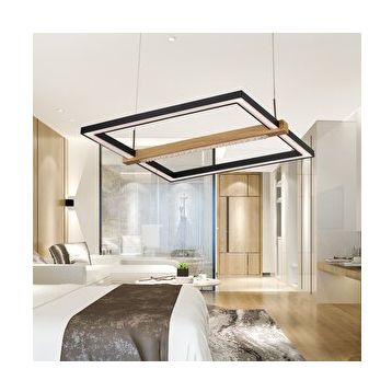 Apliqa April Siyah Kare 58 Watt Ahşap Desenli Modern Salon Led Sarkıt Avize