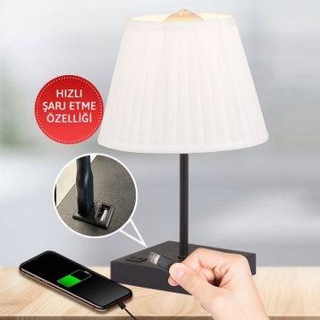 Apliqa Edel USB Girişli Hızlı Telefon Şarj Edilebilir Beyaz Şapkalı Siyah Masa Lambası Abajur
