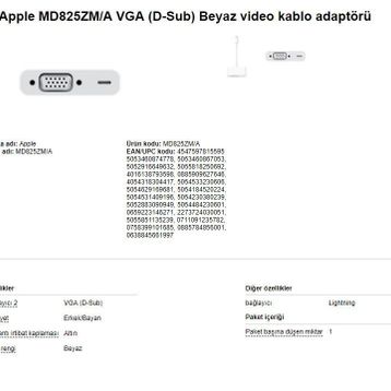 Apple MD825ZM/A Lightning to VGA Dönüştürücü Adaptör