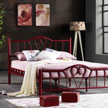 Argimo Orkide Çift Kişilik Başlıklı Yatak Odası 180x200 cm Ferforje Metal Bordo Karyola