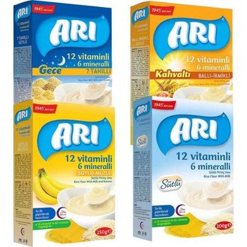 Arı Mama 7 Tahıllı Gece Sütlü Ballı İrmikli Kahvaltı Sütlü Muzlu Pirinç Unu 4x250 gr Kaşık Mama