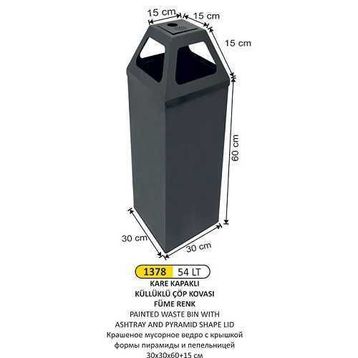 Arı Metal 1378 54 lt Piramit Kapaklı Küllüklü Füme Çöp Kovası
