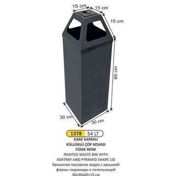 Arı Metal 1378 54 lt Piramit Kapaklı Küllüklü Füme Çöp Kovası