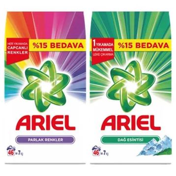 Ariel Dağ Esintisi 7 kg + Parlak Renkler 7 kg Toz Çamaşır Deterjanı