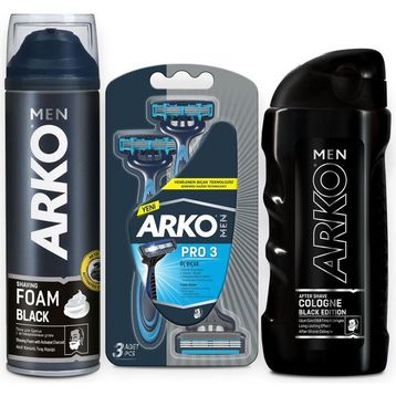 Arko Men Black 200 ml Köpük + Men T3 3'lü Tıraş Bıçağı + Black 200 ml Tıraş Kolonyası