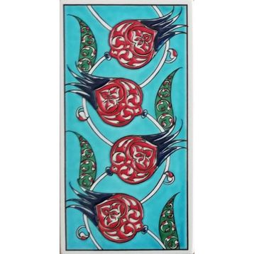 Armada Çini ED 208 10x20 cm Yeşil Nar çiçekli Eldekoru Çini Karo