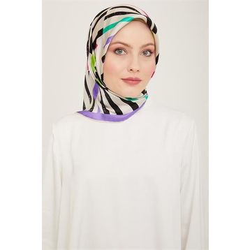 Armine 9101-04 Mor-Krem Çizgi Desen Tivil İpek Eşarp