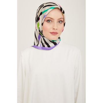 Armine 9101-04 Mor-Krem Çizgi Desen Tivil İpek Eşarp