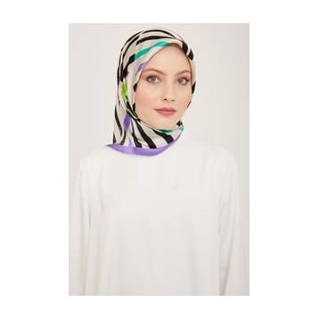 Armine 9101-04 Mor-Krem Çizgi Desen Tivil İpek Eşarp
