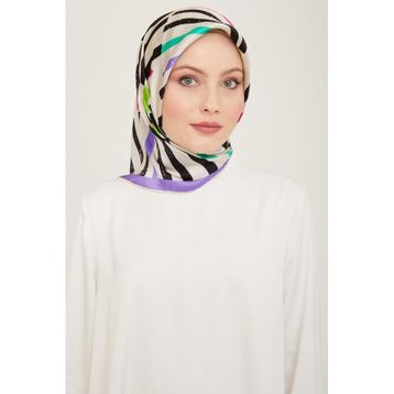 Armine 9101-04 Mor-Krem Çizgi Desen Tivil İpek Eşarp