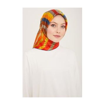 Armine 9107-53 Kahverengi-Kırmızı Çizgi Desen Sura İpek Eşarp