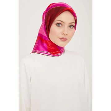 Armine 9138-02 Fuşya Yazı Desen Tivil İpek Eşarp