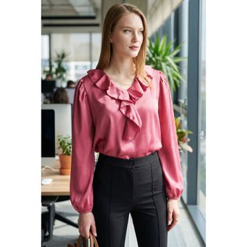 Armonika ARM-22K001059 Kadın Koyu Pembe Yakası Fırfırlı Omuzu Büzgülü Kolu Lastikli Pamuk Saten Bluz