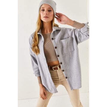Armonika ARM-22Y001156 Gri Oversize Kaşe Cepli Kadın Gömlek