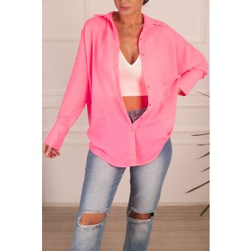Armonika ARM-24K001001 Kadın Neon Pembe Oversize Dokulu Keten Görünümlü Geniş Manşetli Gömlek