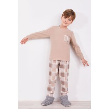 Arnetta Ekoseli Bej Erkek Çocuk Uzun Kol Pijama Takımı