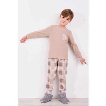 Arnetta Ekoseli Bej Erkek Çocuk Uzun Kol Pijama Takımı