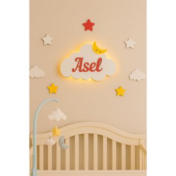 Arsergroup Bebek Hediyelik Ahşap Isimli Bulut Ledli Aydınlatma Yenidoğan Hediyelik Gece Lambası