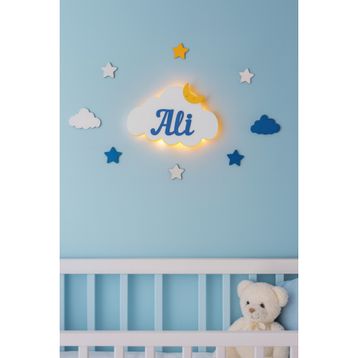 Arsergroup Bebek Hediyelik Ahşap Isimli Bulut Ledli Aydınlatma Yenidoğan Hediyelik Gece Lambası