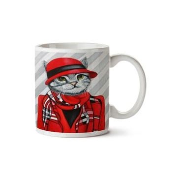 Art Hediye Hipster Kedi Kırmızı Takım Şapka Ceket İki Tarafı Baskılı Kupa Bardak