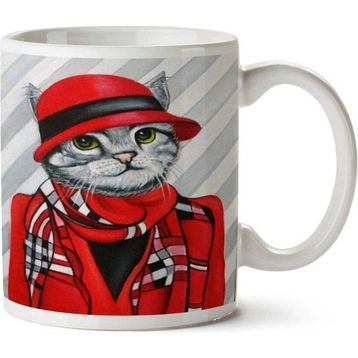 Art Hediye Hipster Kedi Kırmızı Takım Şapka Ceket İki Tarafı Baskılı Kupa Bardak