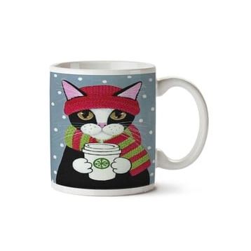 Art Hediye Hipster Kedi Şapka Atkı Soğuk Kış Kahve Iki Tarafı Baskılı Kupa Bardak