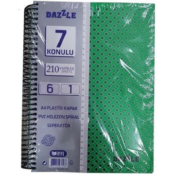 Artlantis 7 Konulu 210 Yaprak 6 Kareli + 1 Çizgili Plastik Kapak Seperatörlü Yeşil Spiralli Defter