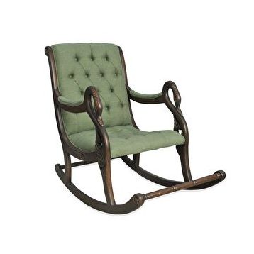 Asedia Mobilya Vintage Kuğu Ceviz El Oyması Ahşap Sallanan Sandalye Dinlenme Koltuğu Yeşil Berjer