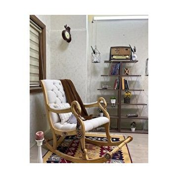 Asedia Mobilya Vintage Kuğu Naturel Krem El Oyması Ahşap Sallanan Sandalye Dinlenme Koltuğu Berjer