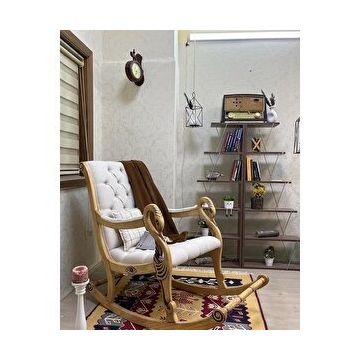 Asedia Mobilya Vintage Kuğu Naturel Krem El Oyması Ahşap Sallanan Sandalye Dinlenme Koltuğu Berjer