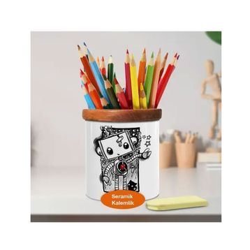 Asilmeydan 448646460 Sevimli Çizimsel Robot Ahşap Seramik Kalemlik