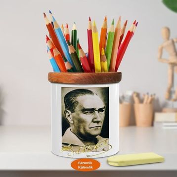 Asilmeydan 449414363 Eskitme Efektli Mustafa Kemal Atatürk Ahşap Seramik Kalemlik