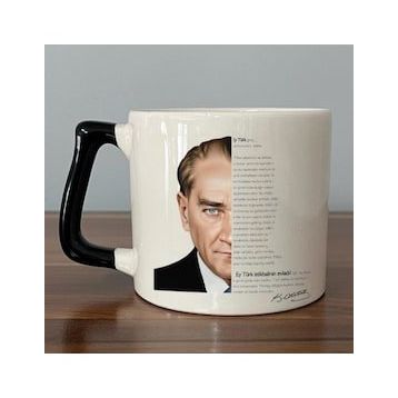 Atatürk Gençliğe Hitabe Yazılı Siyah Kulplu Seramik D Baskılı Kupa