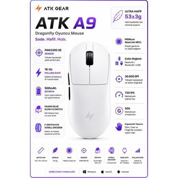ATK Dragonfly A9 Beyaz Optik Şarjlı Kablolu/Kablosuz Gaming Mouse
